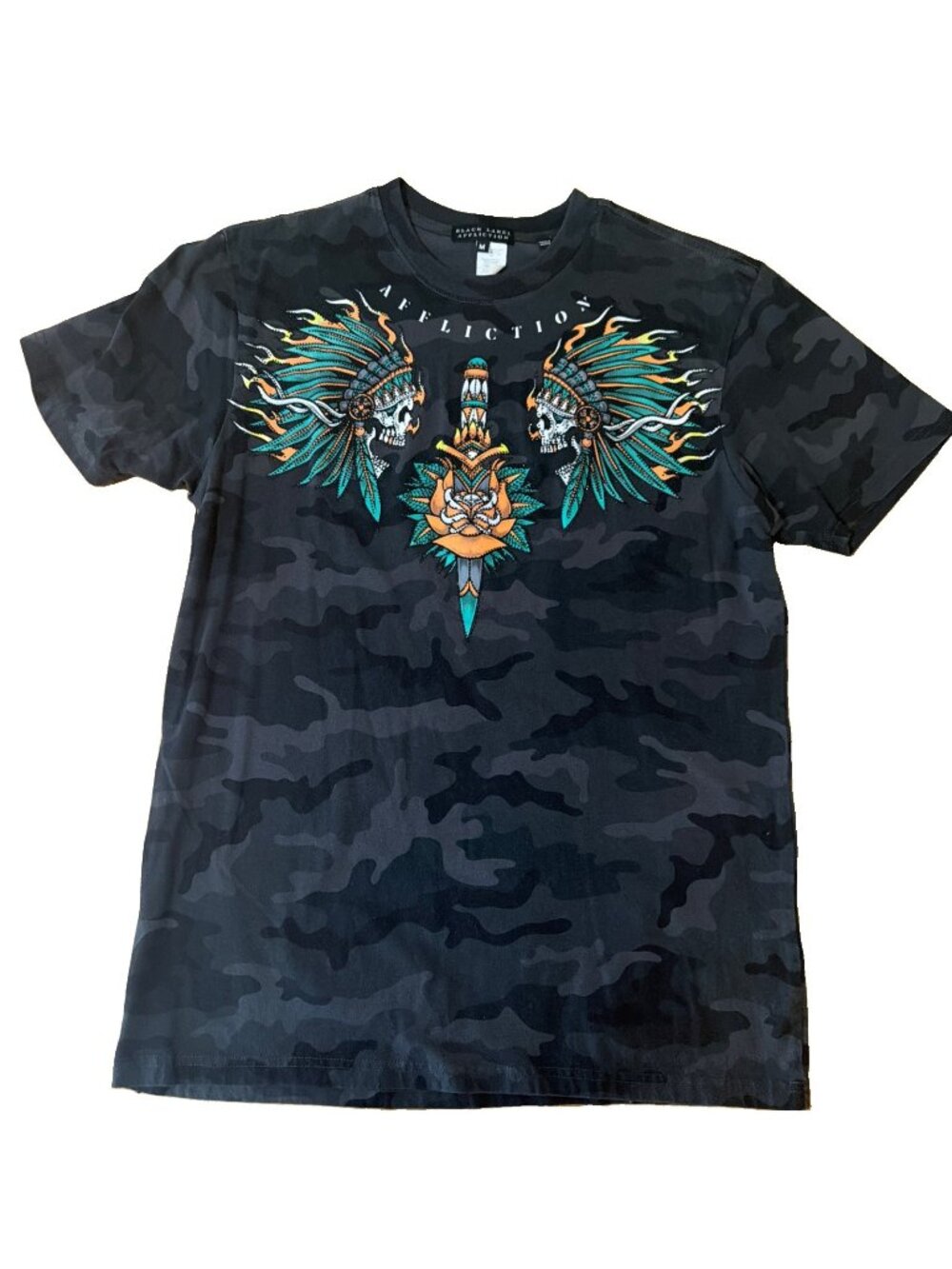 Affliction BLACK LABEL Rhinestone Thunder ridge Men's Tee Size M Skull Indian
